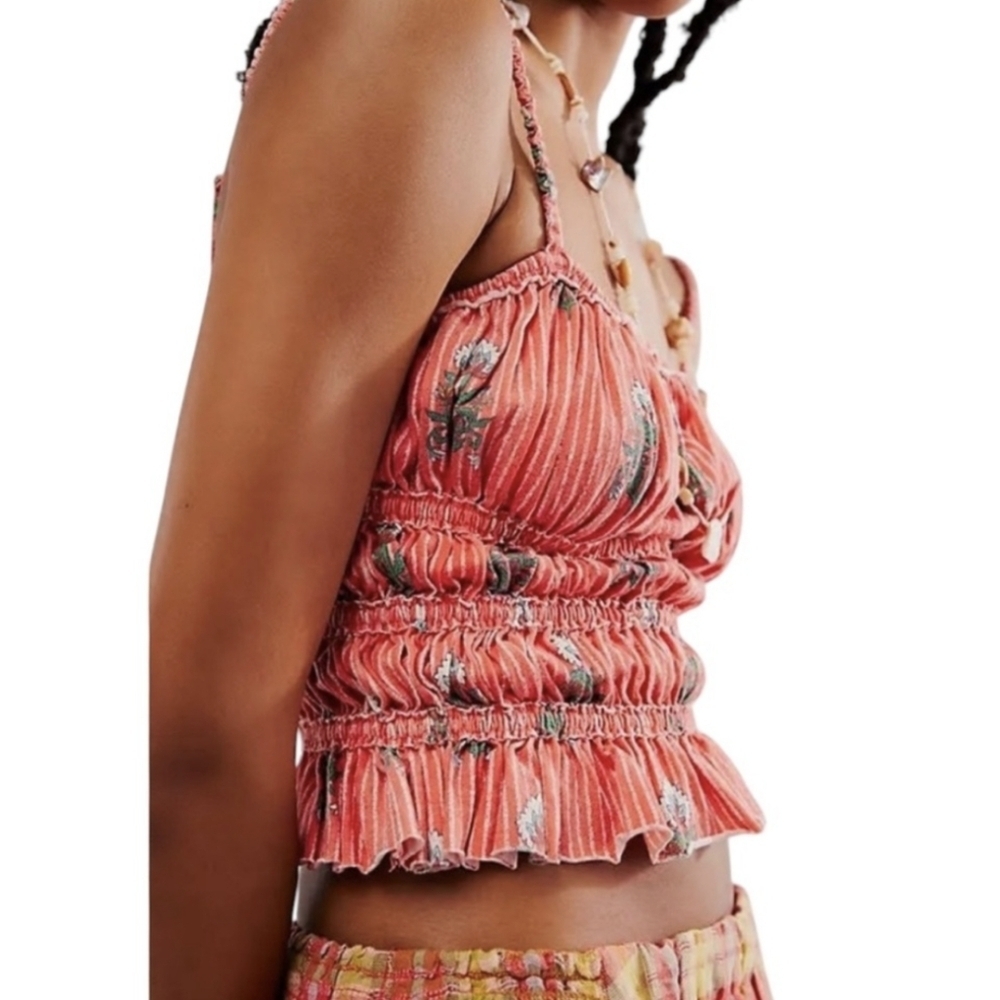 Free People NWOT Shirred Tank in Bright Coral sz LRG​​​ - Picture 3 of 7